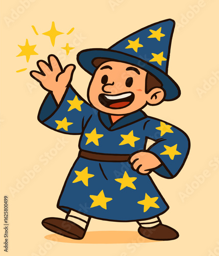 A cheerful wizard in a starry blue robe and hat casts a glowing spell with a raised hand, smiling brightly. The playful cartoon style and minimal beige background give off a cute and magical vibe.