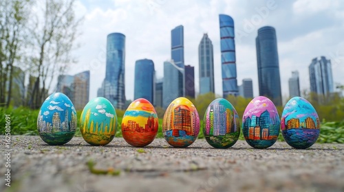 Hand-painted Easter eggs with a background of modern buildings