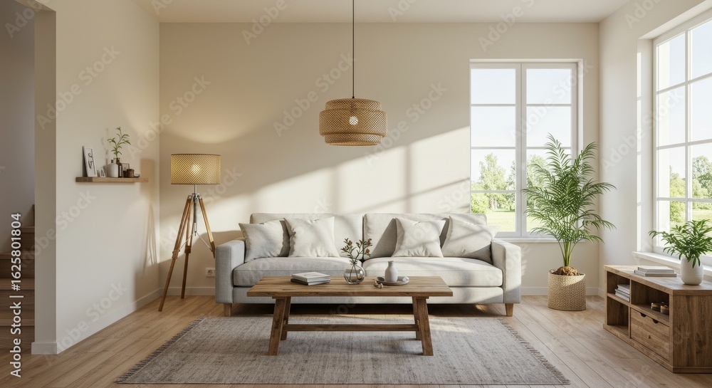 Fototapeta premium Serene Living Room Interior Design with Natural Light - Peaceful living room, natural light, wooden accents, cozy atmosphere, serene environment.
