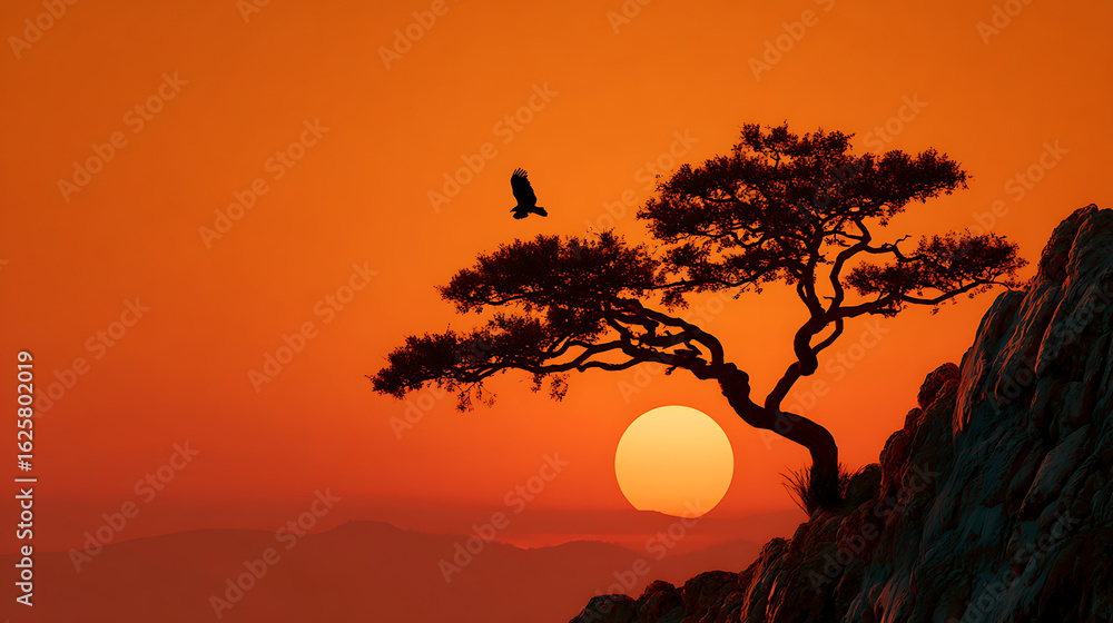 Fototapeta premium Silhouette of a Tree and Bird at Sunset Over Mountains