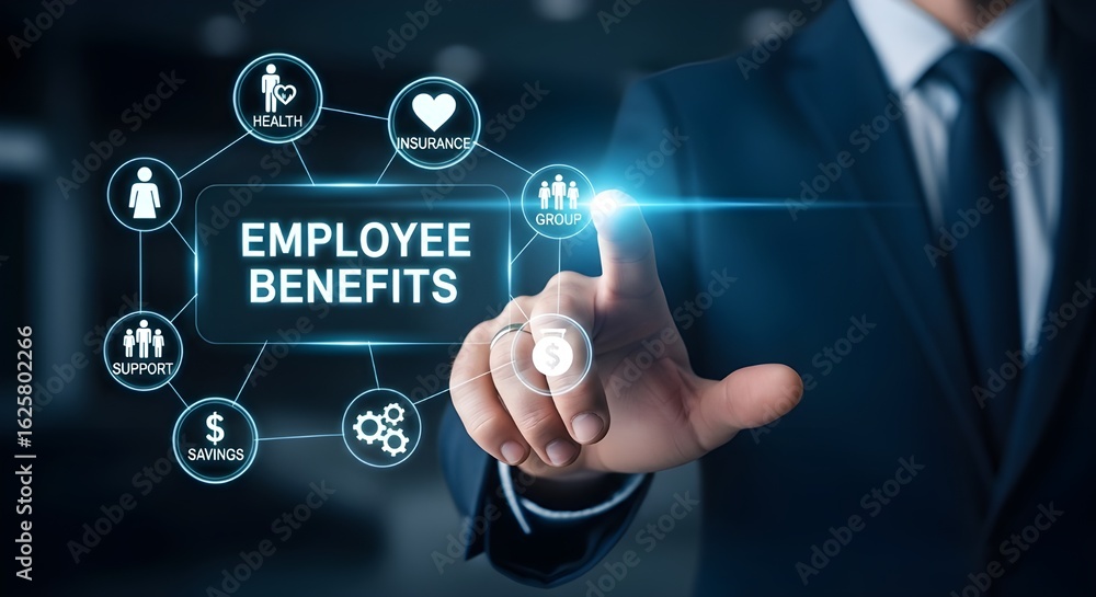 Employee benefits concept with businessman touching screen Employee benefits concept with businessman touching screen