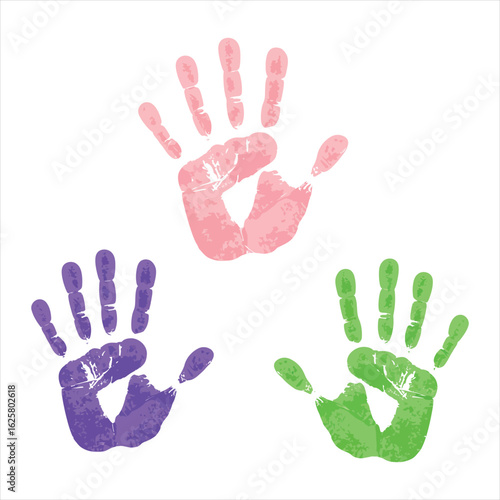 Three colorful handprints in pink purple and green on a white background symbolizing childhood and creativity