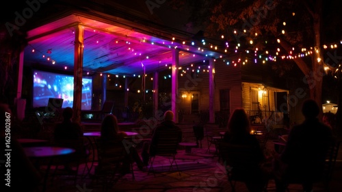 Outdoor film screening event with colorful lights and a cozy atmosphere in a backyard during a summer night celebration
