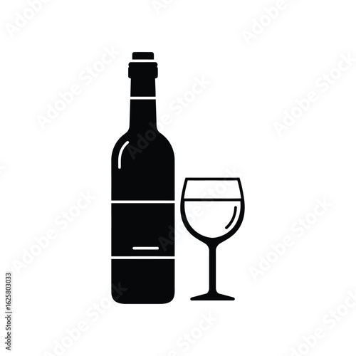 Simple black silhouette of a wine bottle and a glass of wine on a white background