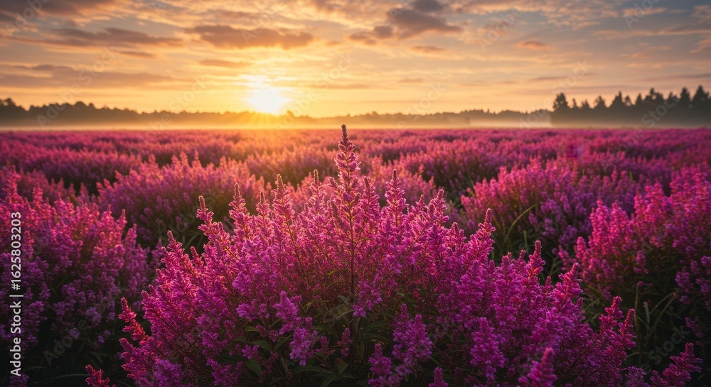 Obraz premium Sunrise Flower Field Serenity - A dreamy sunrise illuminates a vast field of vibrant purple flowers, symbolizing peace, tranquility, new beginnings, growth, and beauty
