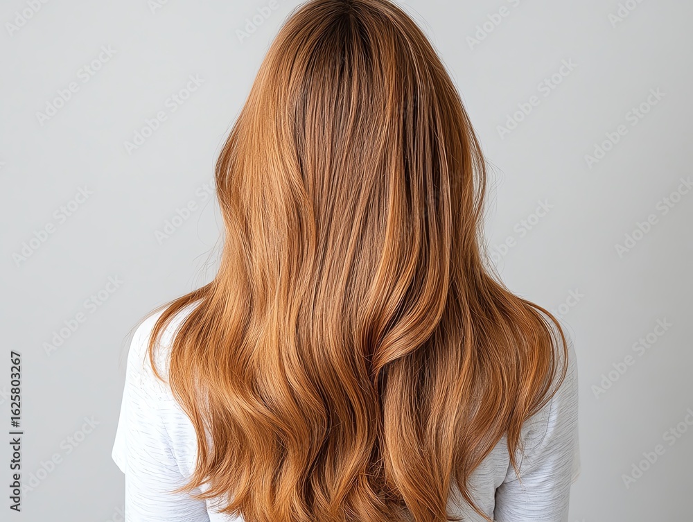 Fototapeta premium A lacefront wig styled in loose waves, chestnut brown, glowing gently against a minimal background