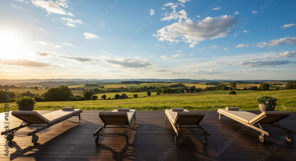 Obraz premium Tranquil Sunset View from Deck - Four lounge chairs on a deck overlooking a serene sunset landscape of rolling hills and fields. Perfect for relaxation and tranquility
