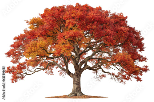 Autumn maple tree displaying vibrant red and orange fall foliage on spreading branches, isolated on a transparent background