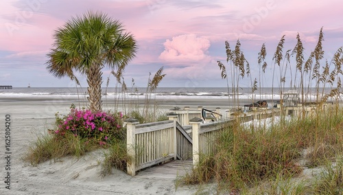 Fototapeta Naklejka Na Ścianę i Meble -  Coastal walkway at sunset. Pink sky over sandy beach.  Palm tree, beach grasses, and flowers