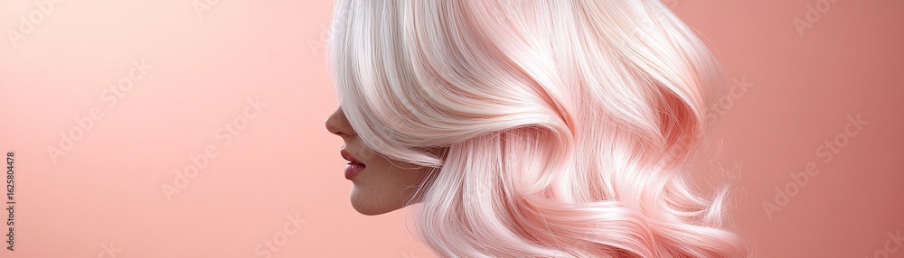 Naklejka premium A wig stand featuring a long, layered synthetic wig, pastel pink, styled with subtle waves under soft studio lighting