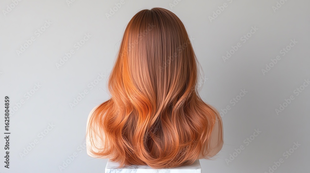 Fototapeta premium An ombre wig transitioning from chestnut brown to fiery red, styled in cascading waves, displayed on a marble pedestal