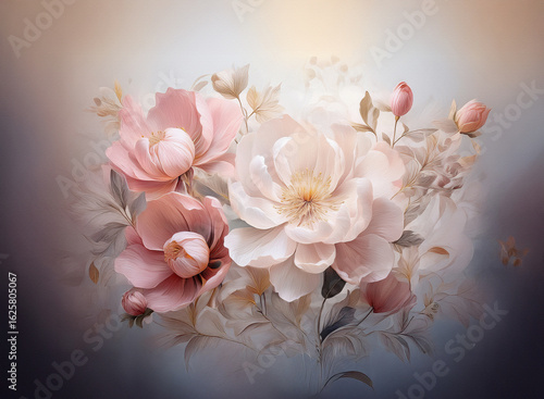 Elegant pink and white flowers form a beautiful bouquet with a soft artistic background. Gentle petals and colors create a calming floral scene.