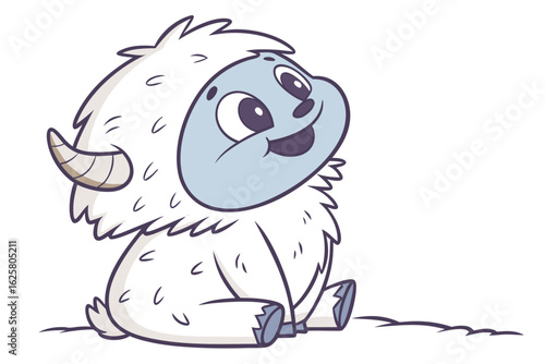 Adorable cartoon baby yeti, white fluffy fur, flat vector style, blue face, cute expression