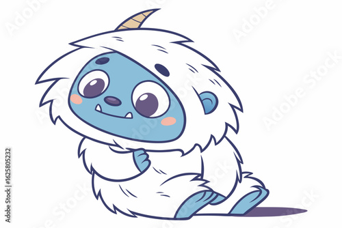 Adorable cartoon baby yeti, white fluffy fur, flat vector style, blue face, cute expression