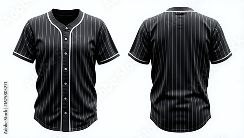 Front and Back View of Black Baseball Jersey with White Pinstripes Isolated on Clean White Background