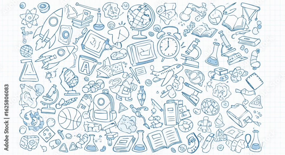 A fun, hand-drawn doodle illustration featuring a wide array of school supplies and educational elements A fun, hand-drawn doodle illustration featuring a wide array of school supplies and educational elements