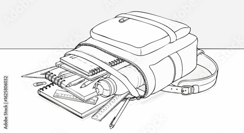 A detailed line art illustration featuring a classic backpack overflowing with essential school supplies like notebooks, rulers, pens, and pencils