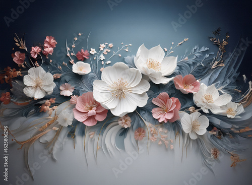Elegant floral display with white and pink blossoms set against a soft gradient blue background. A serene and gentle composition with delicate petals.