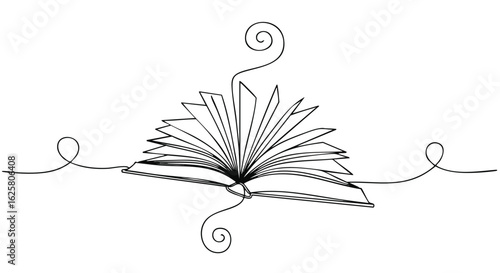 A single continuous line drawing depicts an open book with pages fanned out, showcasing a minimalist and artistic doodle style