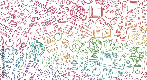 A vibrant seamless pattern of hand-drawn school supplies and educational doodles. Colorful outline icons in a rainbow gradient stand out against a white background