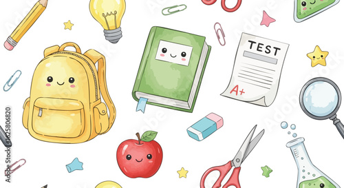 A vibrant seamless pattern showcasing cute cartoon school supplies as playful doodles on a white background