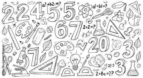 A whimsical black and white hand-drawn seamless pattern featuring educational doodles and essential school supplies