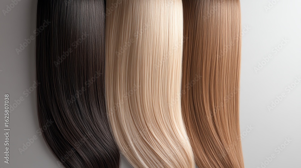 Fototapeta premium Long straight hair extensions, cascading on a glossy black platform, illuminated by soft studio lighting, with realistic color gradients from dark brown to caramel