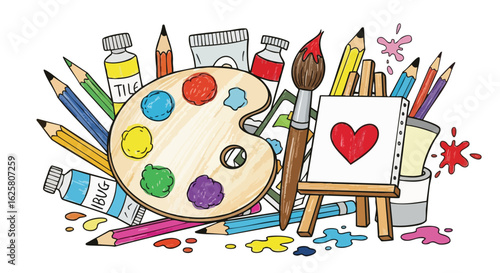 Colorful cartoon illustration of art supplies including paint palette, brushes, pencils, paint tubes, and canvas. It features doodles and design elements for school and creativity