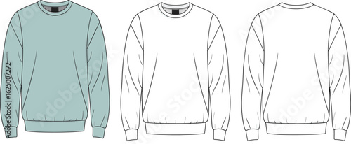 Front and back sweatshirt vector template, crewneck fashion flat sketch, blank clothing design, long sleeve pullover, apparel mockup, casual wear, editable outline