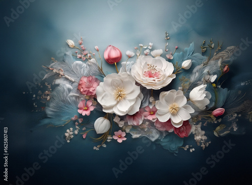 Elegant floral arrangement featuring white and pink blossoms against a dark teal background, creating a soft, dreamy atmosphere.