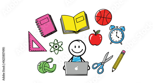 Fun cartoon stick figure working on a laptop surrounded by colorful school supplies and doodles. The playful scene evokes a cheerful back-to-school mood. Great for educational content
