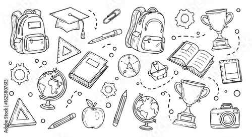 Hand-drawn school doodles illustration. Featuring school supplies like a backpack, books, globe, and trophies. Perfect for back-to-school designs, educational materials, and creative projects