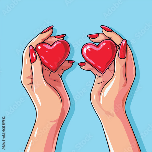 Hands Holding Red Hearts Top View