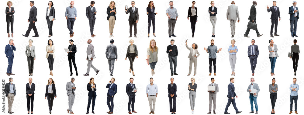 Obraz premium Set of business people in various actions on isolated background. Businesspeople, businesswomen, businessmen office worker in full body length studio professional shot in casual and formal wear