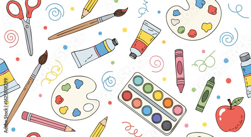 Vibrant, seamless pattern of colorful hand-drawn art and school supplies like pencils, paints, scissors, and crayons. Playful doodles and dots are scattered on a white background