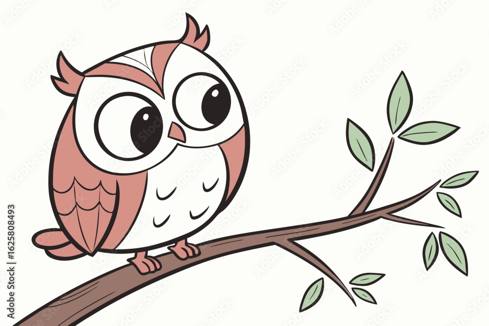 Fototapeta premium Adorable cartoon owl in vector format, big eyes, minimalistic style, flat color palette, perched on branch