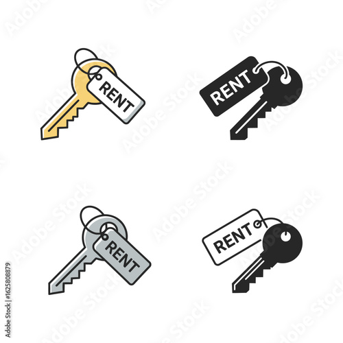 Four different styles of keys with rent tags representing real estate rental and property leasing concepts