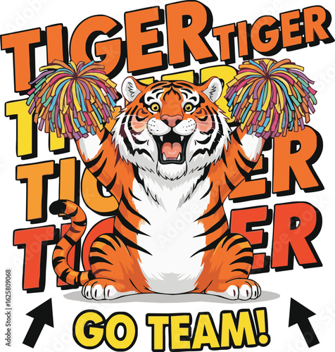A cheerful cartoon tiger mascot acts as a cheerleader, holding colorful pom-poms and shouting 'Go Team!'.