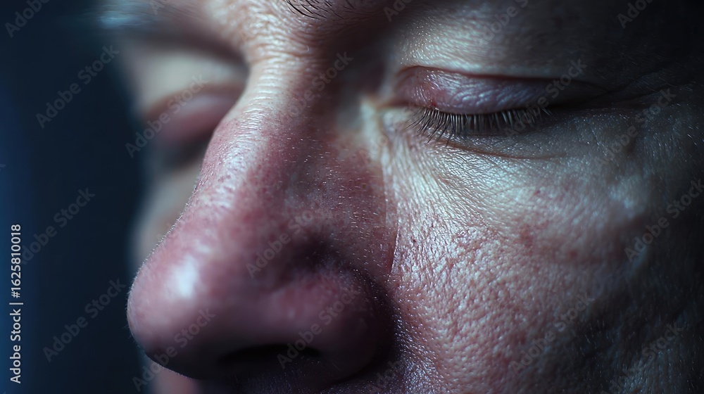 Fototapeta premium Sluggish day for fatigue effect concept. Close-up of a person's face showing textures and emotions.