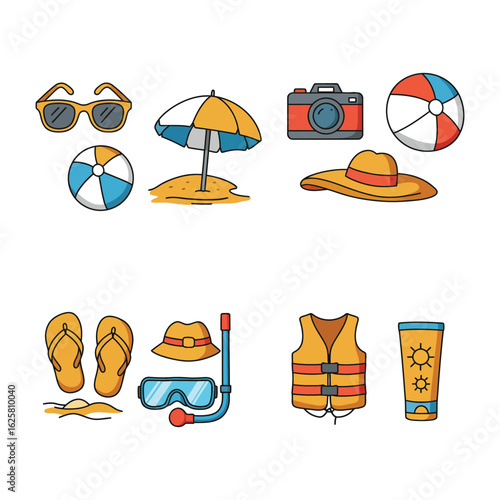 Collection of colorful beach vacation essentials and summer accessories for a fun day at the seaside