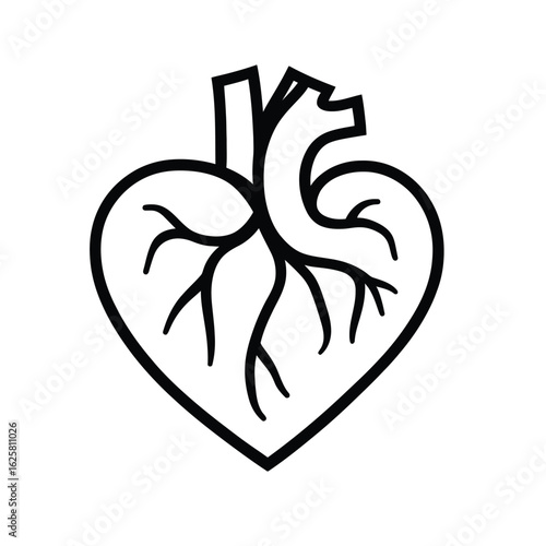 Stylized Human Heart Anatomy with Black Outline on White Background