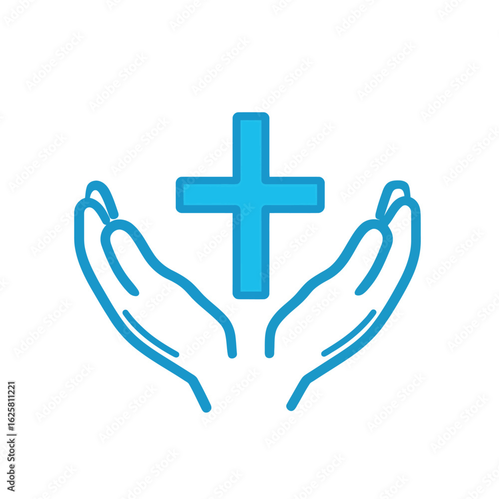 Obraz premium Teal Cross Sign Above Cupped Hands on Transparent Background Iconography Design