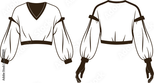 Flat vector cad drawing of cropped V-neck top with puffed sleeves, arm bands, wrist cuffs, fashion blouse illustration sketch