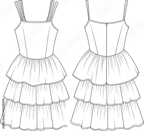 CAD drawing flat vector illustration of layered ruffle midi dress with straps, technical garment sketch for fashion design and apparel