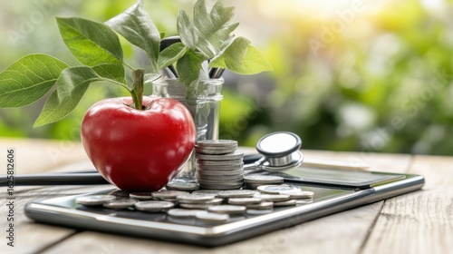 A vibrant red apple sits on a digital tablet surrounded by coins and greenery. This image symbolizes the connection between health, wealth, and sustainable living, capturing the essence of responsible