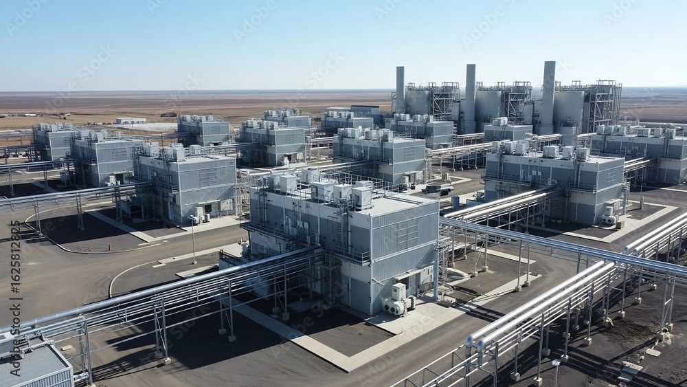 This aerial image showcases a large, modern industrial complex with numerous buildings and interconnected pipes in a vast, open landscape, symbolizing gas processing or energy production. This aerial image showcases a large, modern industrial complex with numerous buildings and interconnected pipes in a vast, open landscape, symbolizing gas processing or energy production.