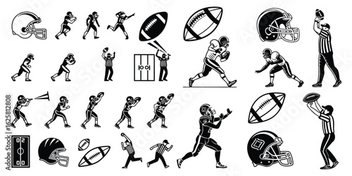 American Football Black and White Clip Art Set Vector Illustration Sports Equipment and Players in Action Poses