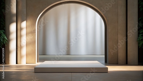 Minimalist platform framed by thin archway — focused spotlight on central product
