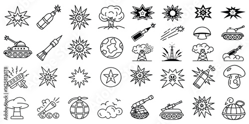 Collection of war and conflict outline icons depicting explosions weapons and environmental impact in a minimalist style