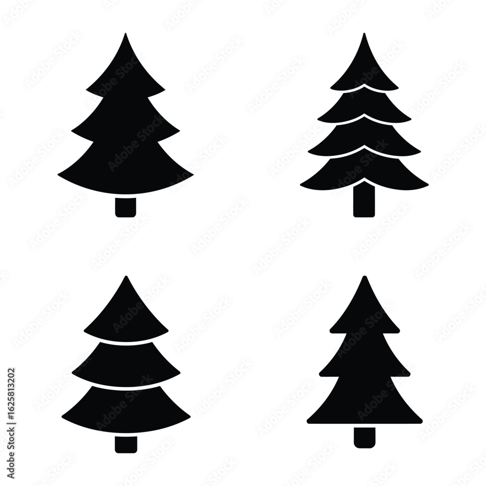 Obraz premium Four stylized black silhouette christmas trees on a white background representing winter holidays and nature